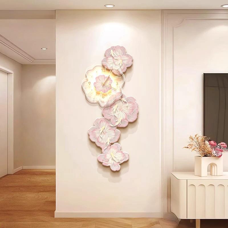 奶油钟表装饰画正对门风走廊客厅感牡丹花壁画花卉高级带挂画玄关