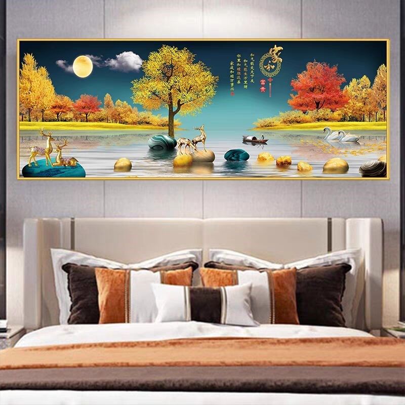 背靠金山聚财自粘装饰画卧室床头山水画沙发背景墙画靠山图