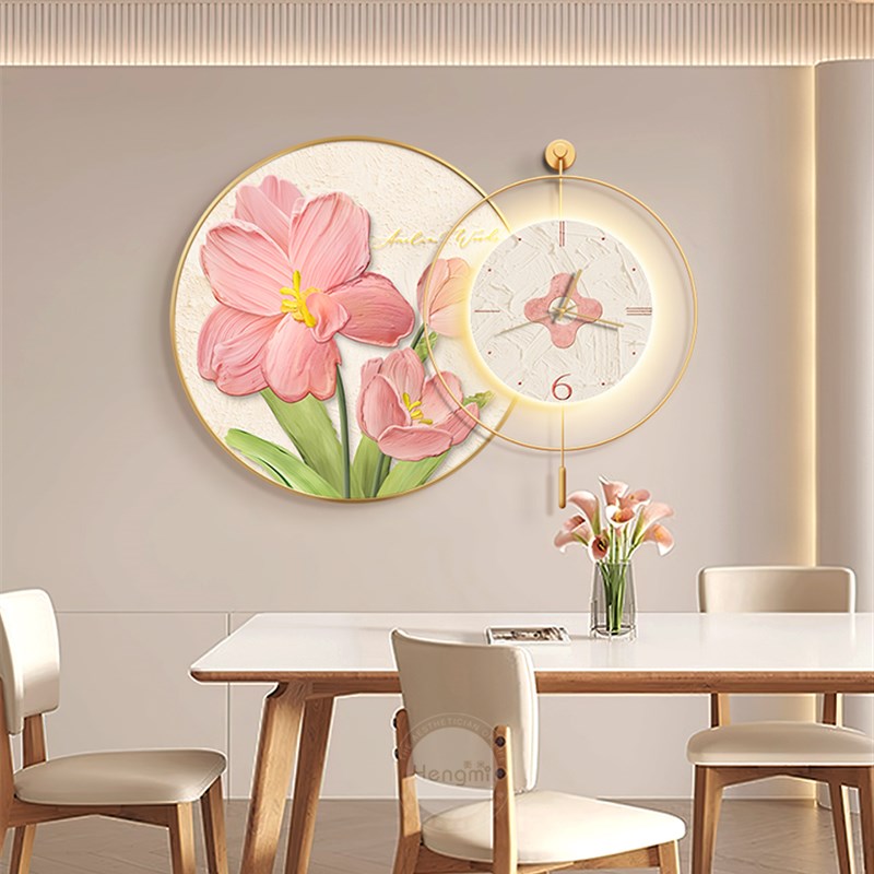 奶油风餐厅装饰画创意钟表饭厅挂画抽象花卉温馨餐桌挂钟发光壁画图片