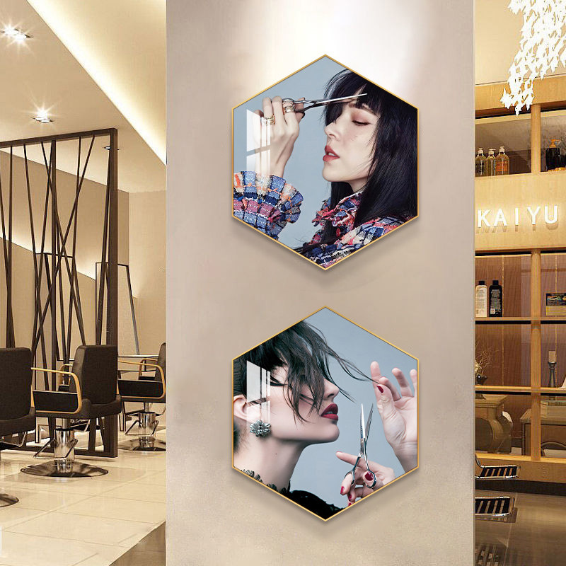 理发店装饰画美发店挂画发廊六边形发型图片沙发背景墙画