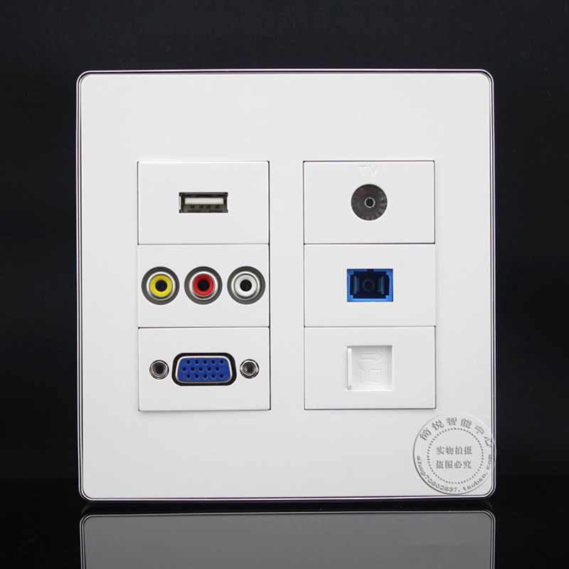 0型免焊接VG红黄白三孔音频UB+网络光纤电视面板六位面板插座