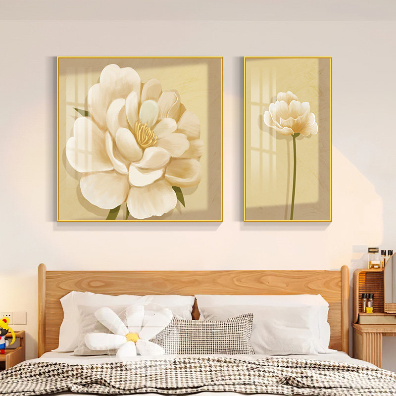 牡丹奶油风客厅装饰画卧室床头挂画卉墙画两联级感壁画,家居饰品,现代装饰画,淘宝优惠券,粉丝福利购,淘宝优惠卷