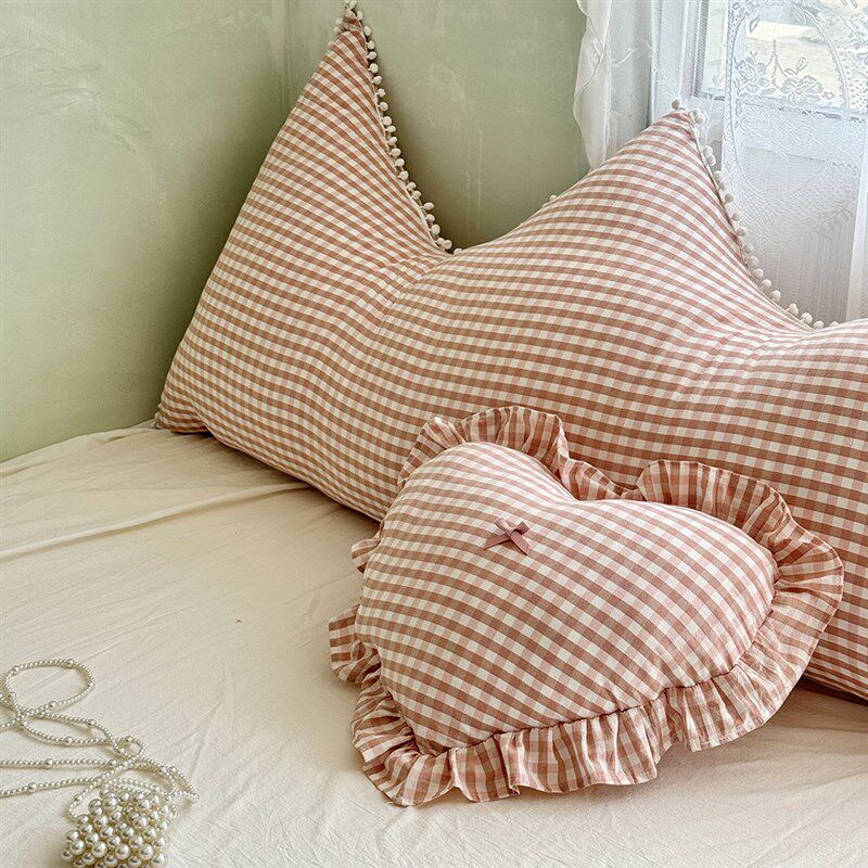 全棉水洗棉格子靠背床头大靠垫毛球球边装饰靠枕m床拆洗