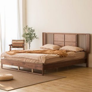 实木床北美黑胡桃木现代简约新中式 禅意竖条靠背双人床主卧婚床订