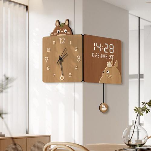 原木风龙猫转角挂钟客厅双面装饰画2024新款家用时钟拐角双面钟表