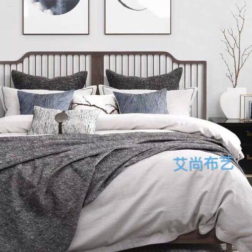 样板房北欧轻奢风简约现代中式灰蓝色绣花床品四件套