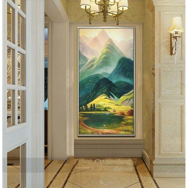 手绘油画巨山风景现代山水画玄关装饰画招财鹿过道挂画壁画竖画
