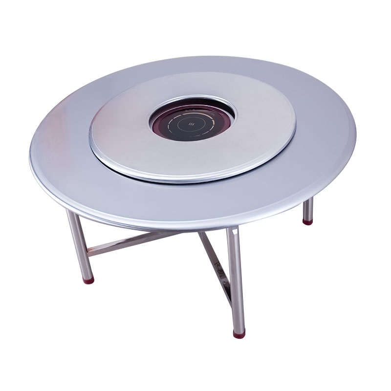 不锈钢大圆桌子带转盘圆形8人吃饭火锅餐桌米带电磁炉饭店烧烤