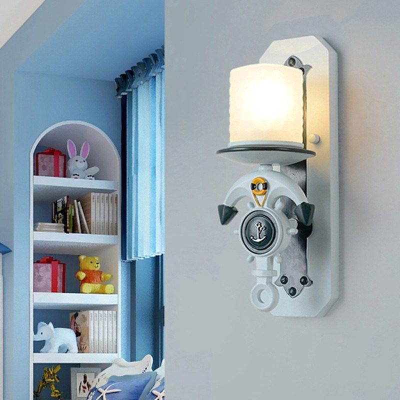 儿童房壁灯卧室创意客厅阳台过道装饰灯地中海蓝色树脂船舵床头灯