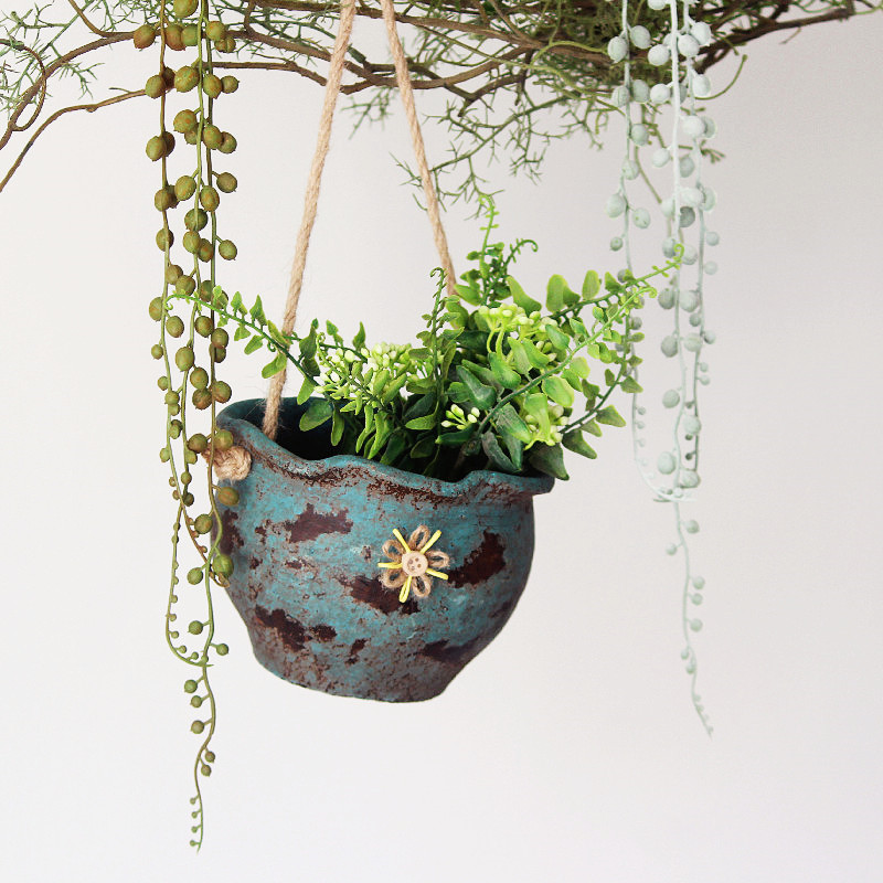 带实木板悬挂粗陶罐手工花盆做旧花器复古花器田园风格壁挂花插