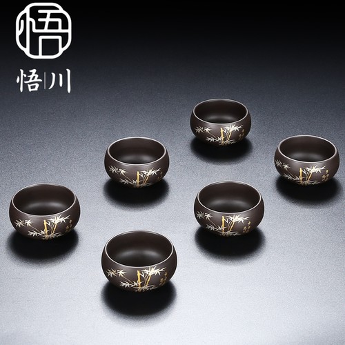 悟川紫砂竹纹罗汉杯6个装茶杯