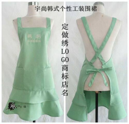 韩浅绿色围裙食品水果超市酒店服务员美甲工作围裙绣印字店名棉