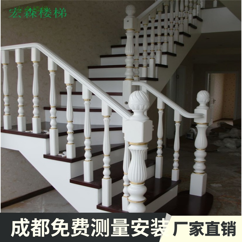 成都别墅实木楼梯欧式扶手红橡木立柱踏步板复式实木楼梯订制楼梯