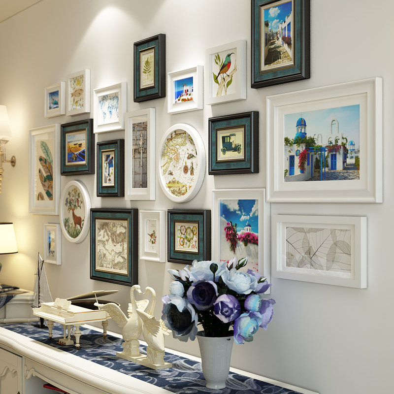 地中海照片墙实木现代相框墙拐角欧式复古婚纱照背景墙客厅