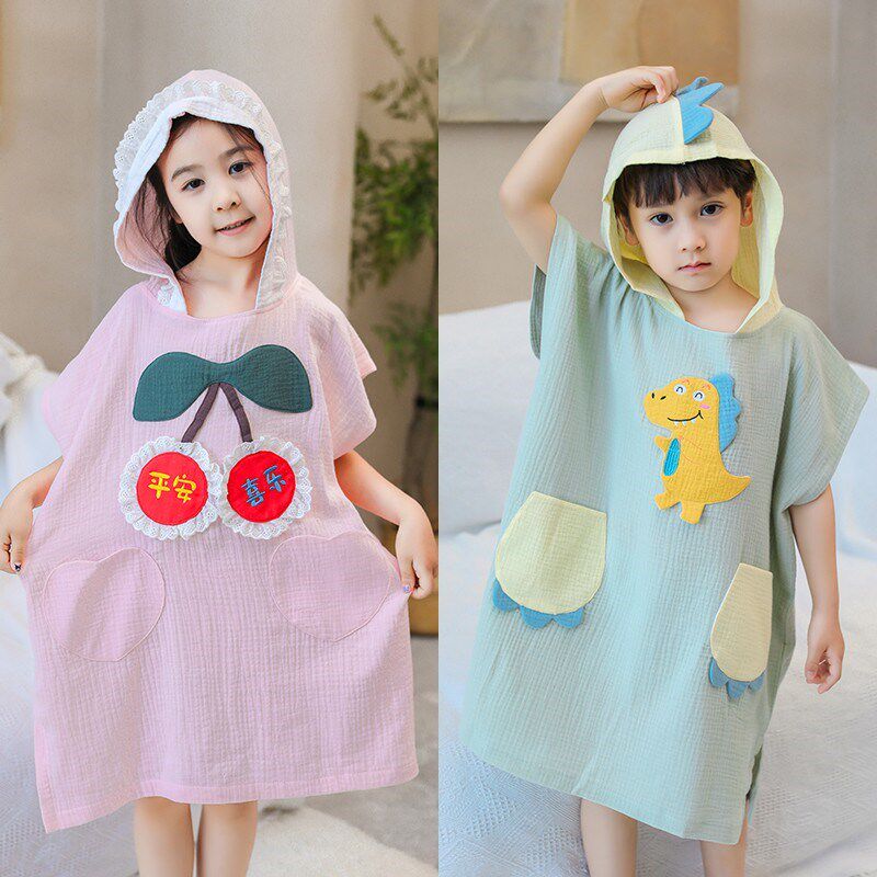 儿童浴巾穿式夏季棉纱布斗篷吸水洗澡游泳浴袍速干男孩女童