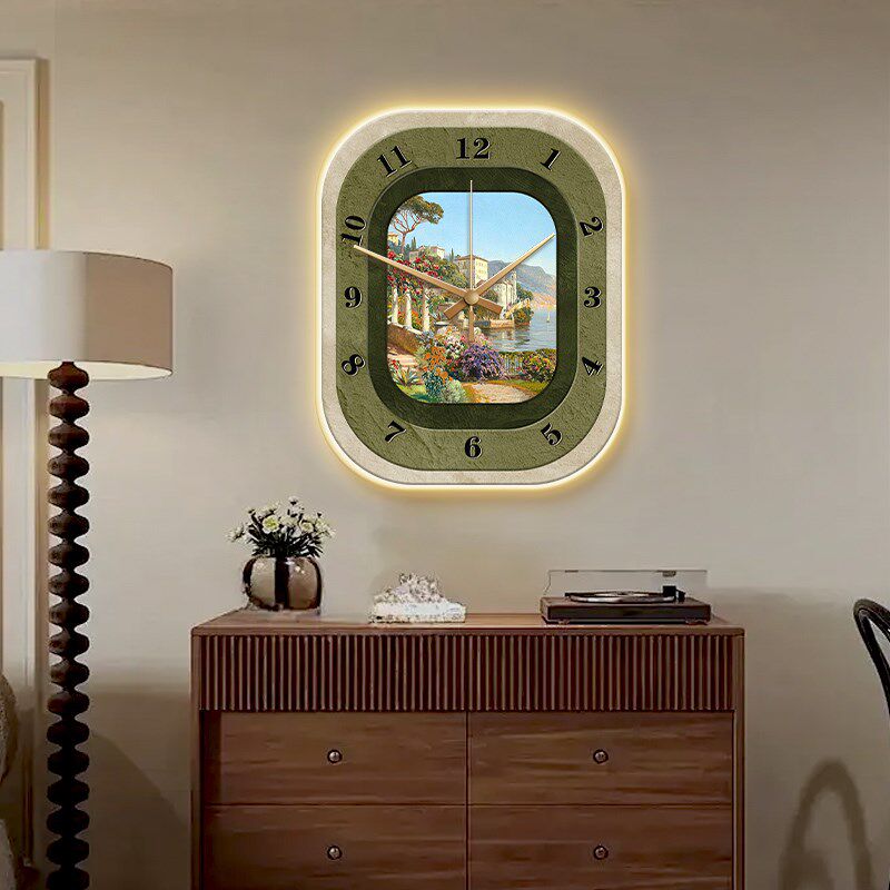 法式复古挂钟客厅沙发背景墙装饰画中古风玄关挂画钟表挂墙绿色系