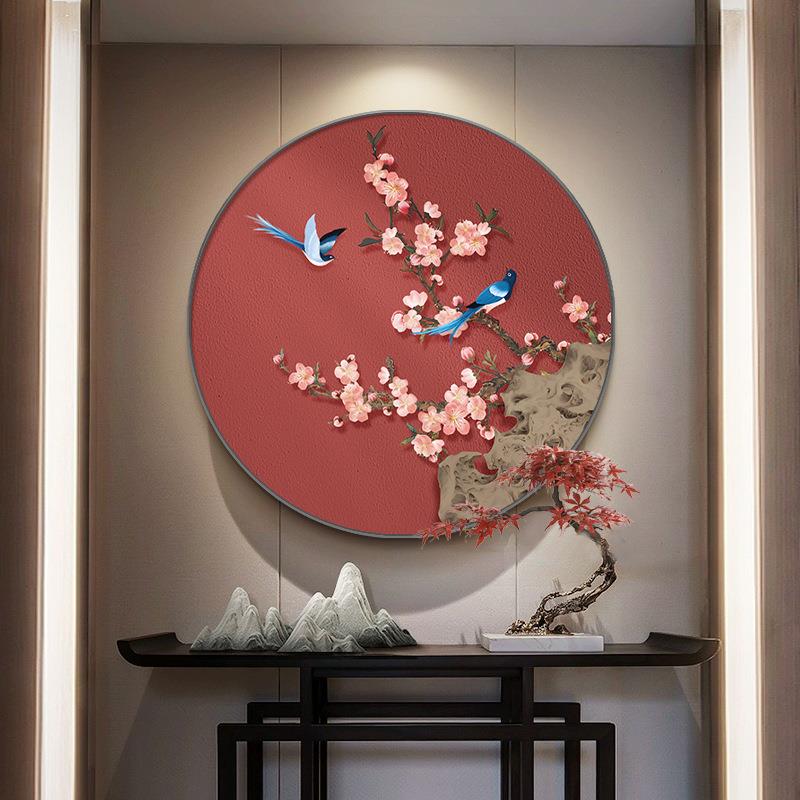 新中式喜气盈门玄关装饰画花鸟圆形挂画寓意喜庆走廊尽头壁画新款