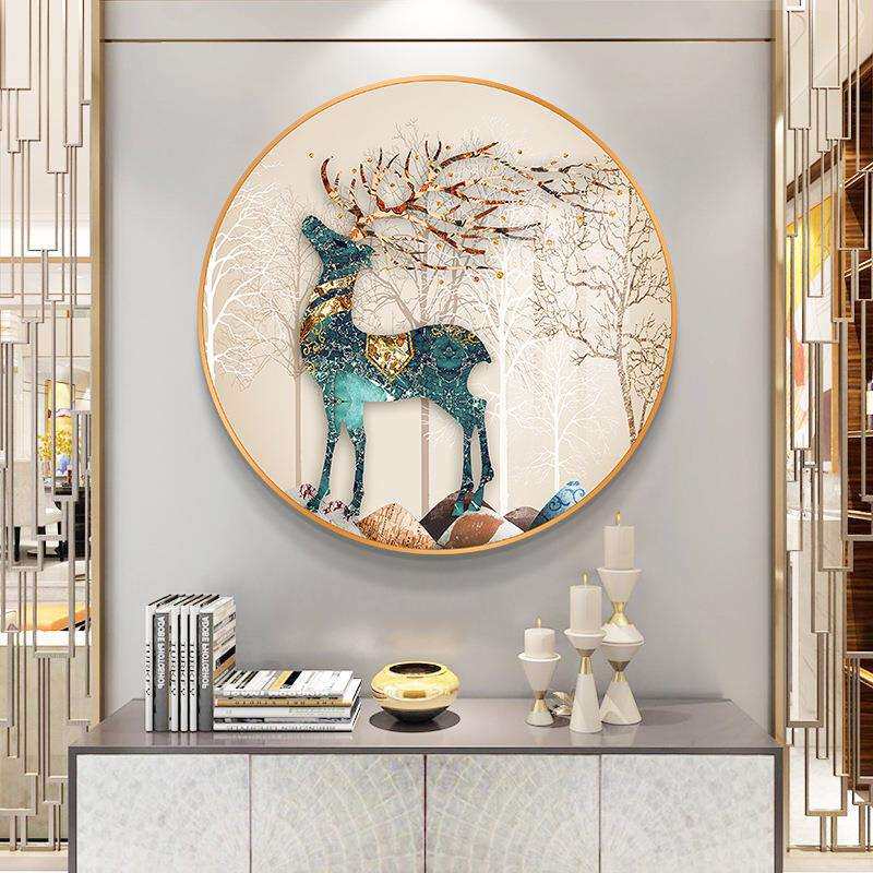 发财鹿招财入户玄关装饰画圆形现代客厅餐厅墙壁画走廊过道挂画