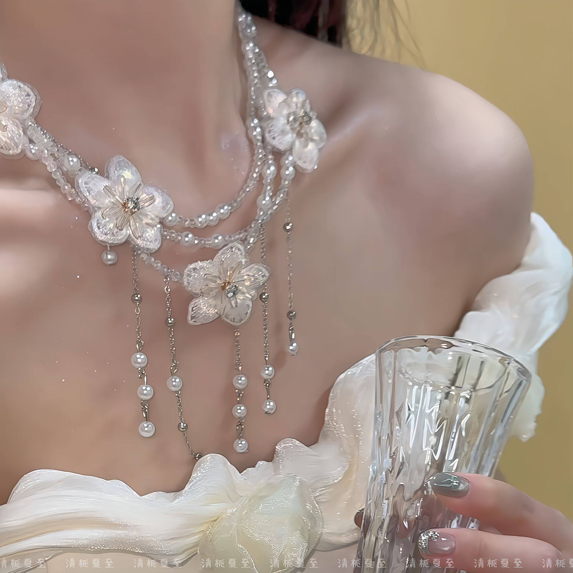 【霜杏花期】清栀夏至花朵珍珠项链女多层叠戴流苏吊坠设计感饰品