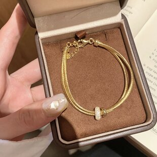 爆闪满钻跑环黄金色手链女款2026新款双层丝绸手环轻奢高级感手饰