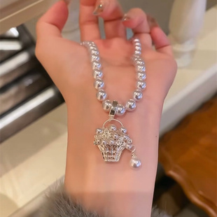 曼塔玫瑰仿珍珠花篮吊坠项链女满钻木马钻球串珠甜美锁骨链颈链