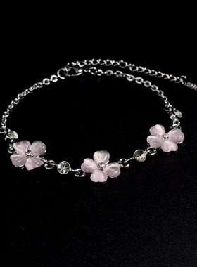 淡粉色四叶草仿猫眼石手链女ins小众设计学生韩版简约手链闺蜜