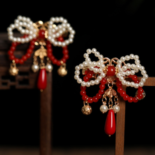 汉服发饰大红色珍珠蝴蝶结发夹古风头饰新年拜年头饰可爱儿童对夹