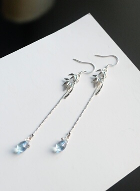 国风新中式水滴流苏银色耳环与凤行同款古风高级感古装竹叶耳饰女