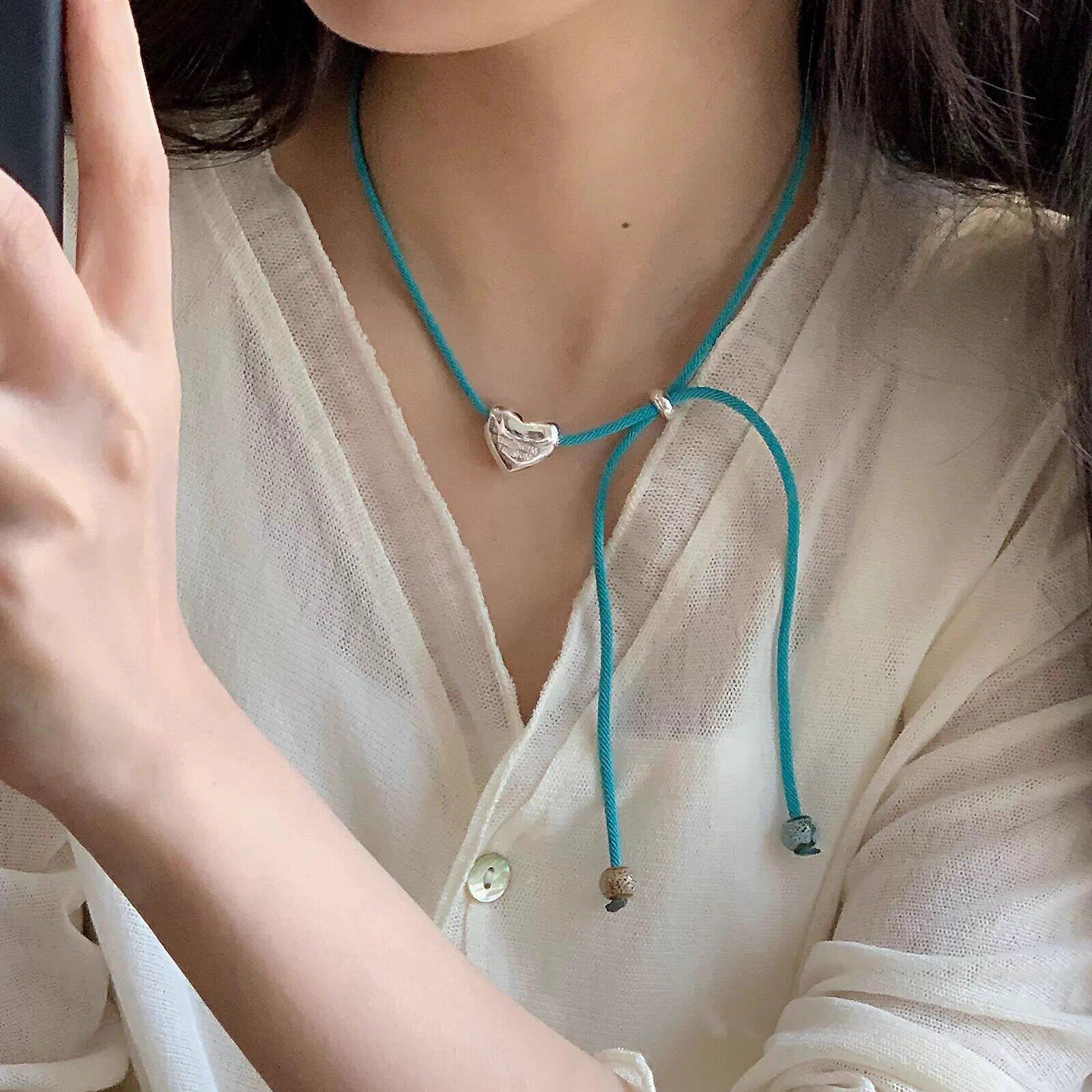 fever同款抽拉蓝灰色项链女韩国小众设计复古精致字母爱心项饰女