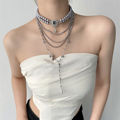 灰色珍珠超闪水钻水滴流苏多层锁骨链轻奢时尚欧美高级感性感项链
