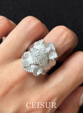 重工银色拉丝细闪裙边戒指女款独特小众设计指环轻奢高级感食指戒