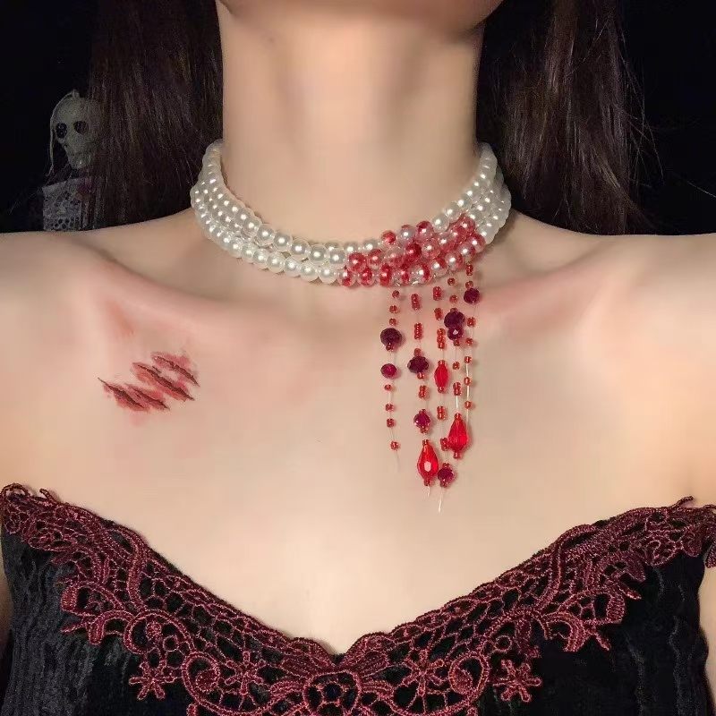 万圣节滴血珍珠项链哥特红色多层chocker装饰品装扮妆造配饰道具