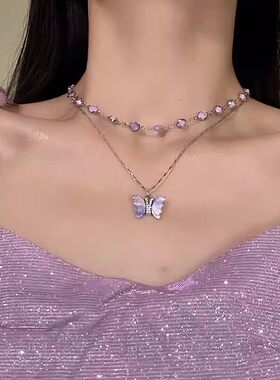 「紫霞梦蝶」紫色蝴蝶项链女款2025新款爆款高级感双层叠戴锁骨链