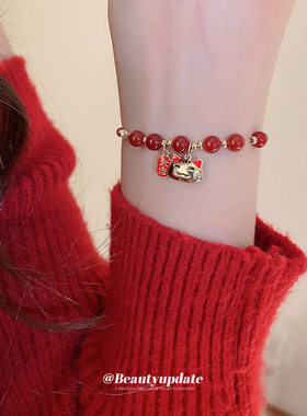 红绳编织细手绳女手链轻奢高级感精致手饰2026新款红色猫咪手链