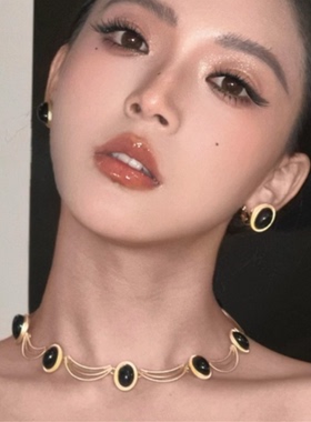 宫廷风复古椭圆几何耳环项链套装