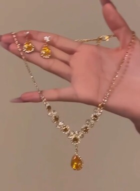 爆闪满钻橙色水滴吊坠项链女贵气时尚轻奢名媛风气质千金感锁骨链