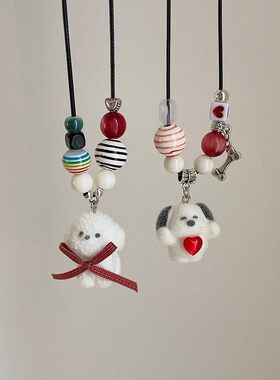 童趣植绒白色小狗蝴蝶结爱心吊坠项链女可爱百搭颈链可抽拉毛衣链