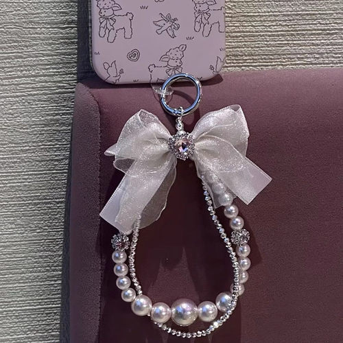 粉色珍珠网纱蝴蝶结手机链