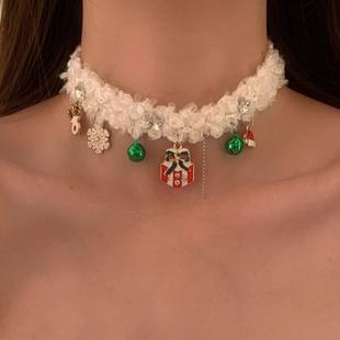 叮咚 圣诞节毛绒铃铛choker项链麋鹿雪花铃铛礼物盒氛围感锁骨链