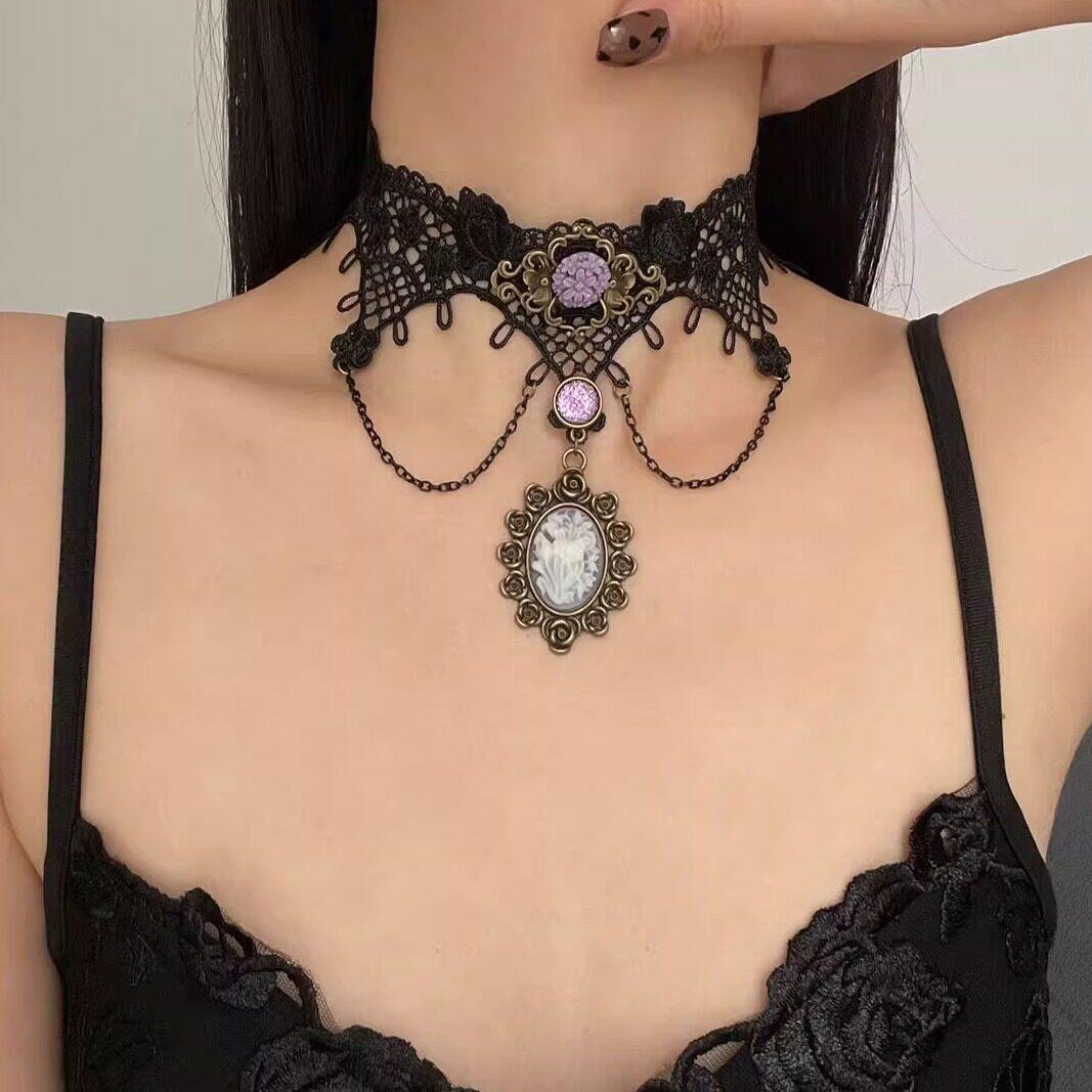 「曼陀罗」暗黑风花朵蕾丝紫色黑色项链哥特亚文化复古小众choker