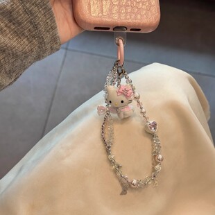玛丽猫kt包包挂件粉色蝴蝶结串珠手机链少女心挂链钥匙扣ccd挂饰
