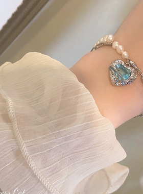 薄荷海放映厅 甜酷女孩链条拼接珍珠薄荷蓝色爱心小众设计短项链