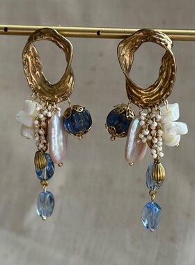 【海螺之声】vintage中古不规则设计感流苏串珠耳钉高级感耳饰女