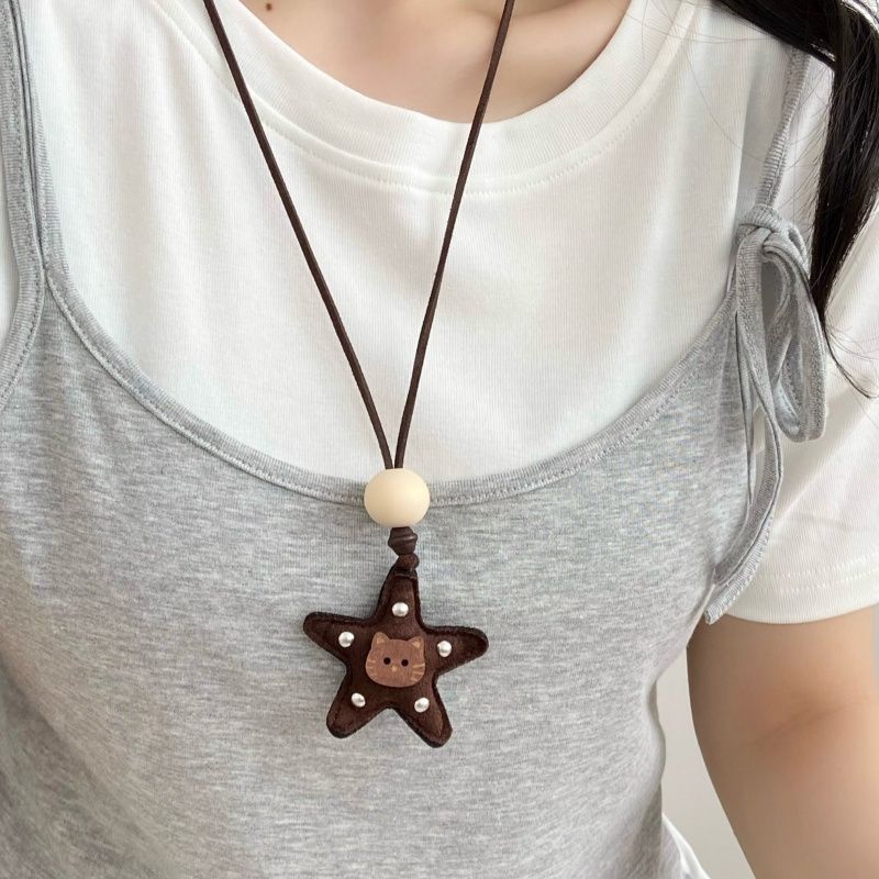 复古布艺爱心五角星皮绳项链女小众设计感毛衣链长款百搭挂脖配饰
