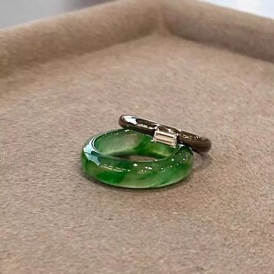 新中式国风仿绿玉髓复古显白戒指单小方钻黑色细款叠戴指环开口女