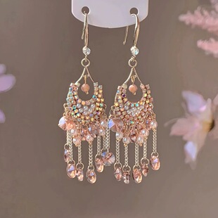 粉色长款水晶珍珠流苏耳钩轻奢重工复古民族风波西米亚风耳环耳饰