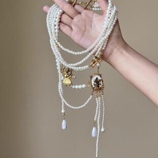 复古宫廷风天使多层叠戴珍珠流苏项链女轻奢高级感贵气长款毛衣链