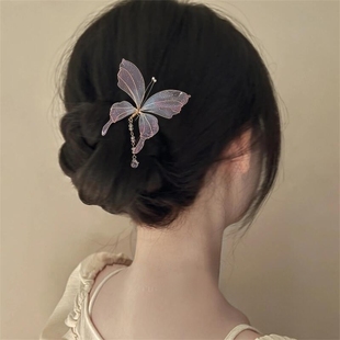 新中式渐变色蝴蝶u型发簪古风女高级感盘发钗子国风汉服旗袍头饰