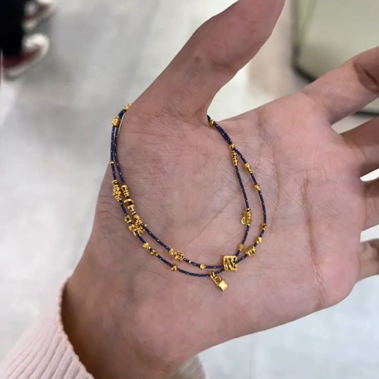 金缕藏青复古编绳铜钱小锁手链