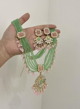 「茉莉公主」超美! 宫廷书册款复古耳环项链绿珠粉色耳钉耳夹套装